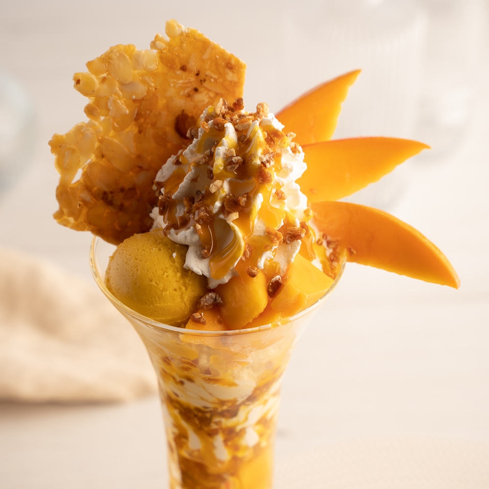 Mango ice cream sundae,  and artisanal crisp puff pastry